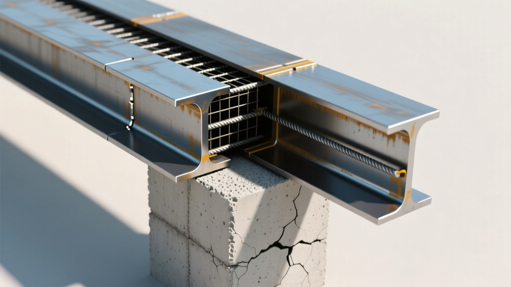 Cross-section diagram showing wide-flange structural steel beams connected to a reinforced concrete foundation pillar