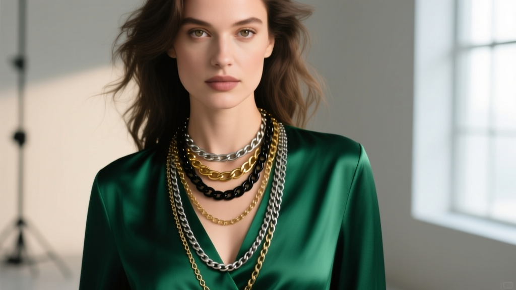 Close-up portrait of a woman in a V-neck silk blouse styled with a cascading 16, 20, and 24-inch mixed metal chain layering set