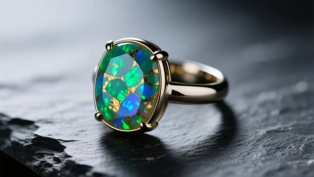 Macro shot of a bezel-set boulder opal ring on dark slate, displaying vibrant green and blue play-of-color in soft light