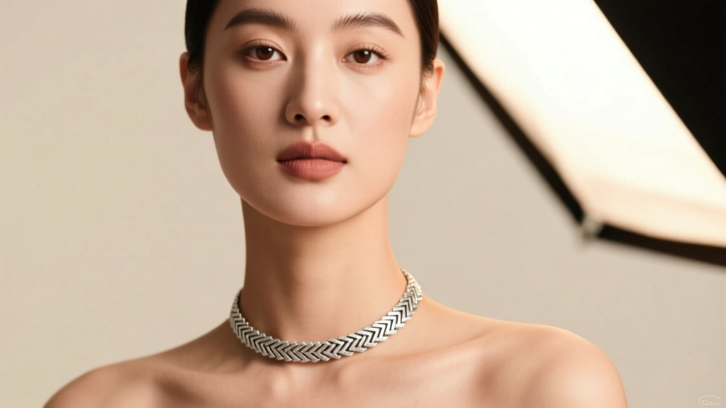 Woman wearing a .925 sterling silver herringbone choker necklace on her collarbone, captured in soft warm studio lighting.