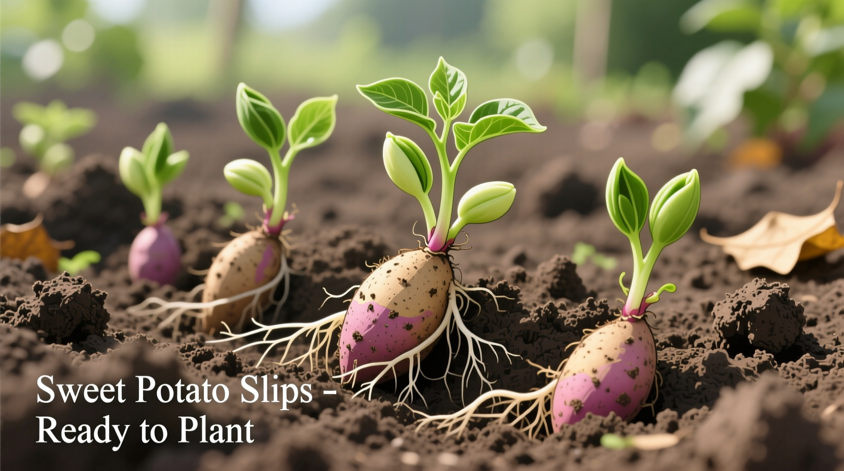 Sprouted sweet potato slips ready for planting in garden soil