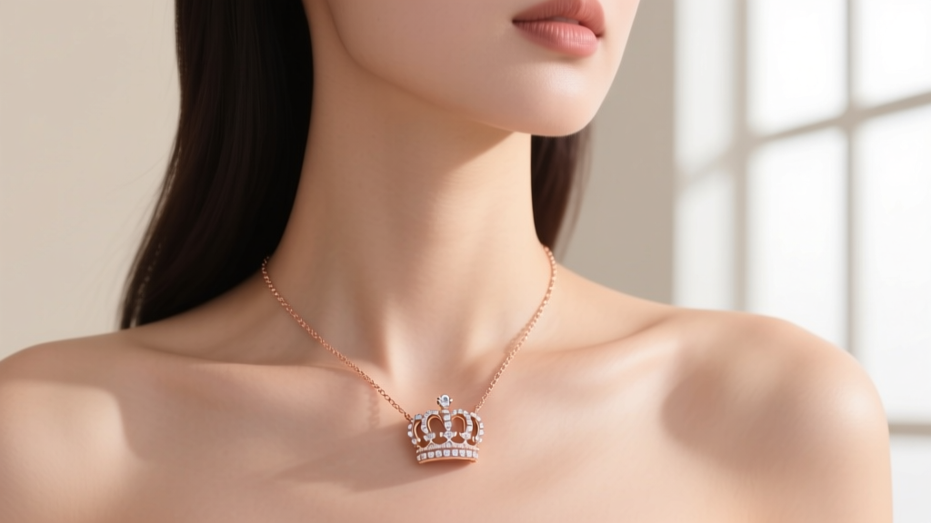 Delicate rose gold necklace with a small royal crown pendant encrusted with micro-pave cubic zirconia resting on a collarbone