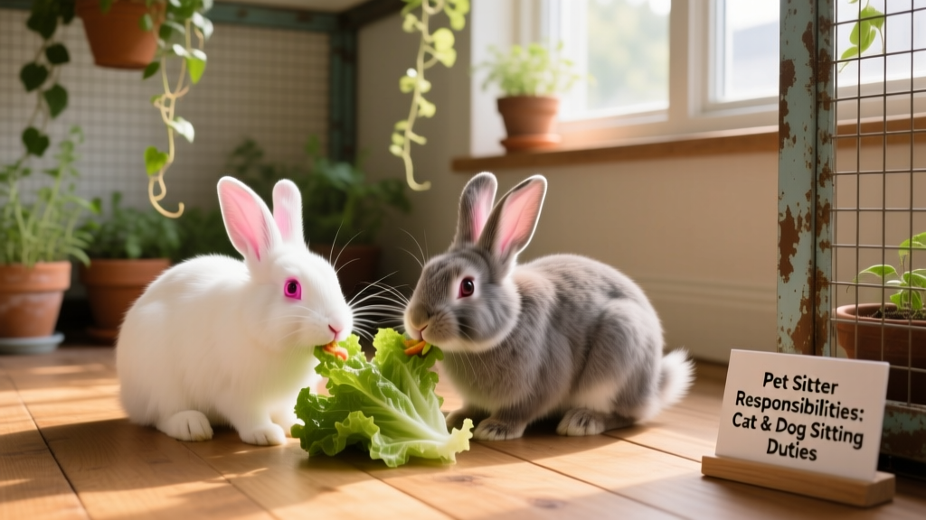 Two rabbits enjoying fresh lettuce in a cozy, sunlit indoor enclosure