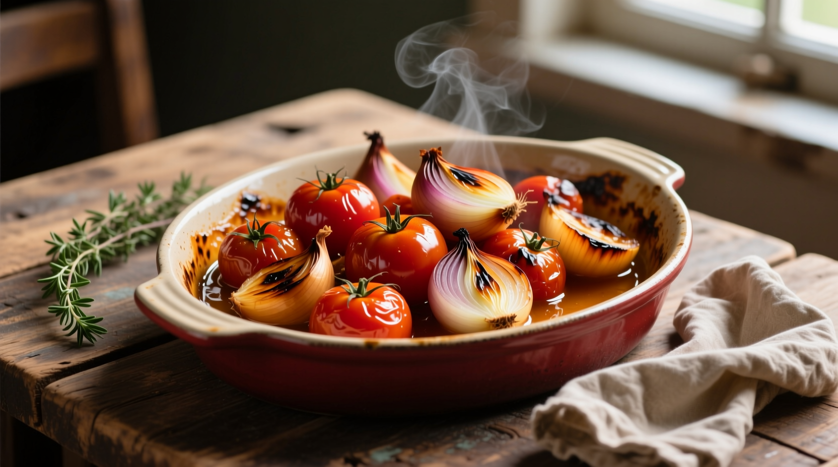 Roasted tomatoes and onions in baking dish