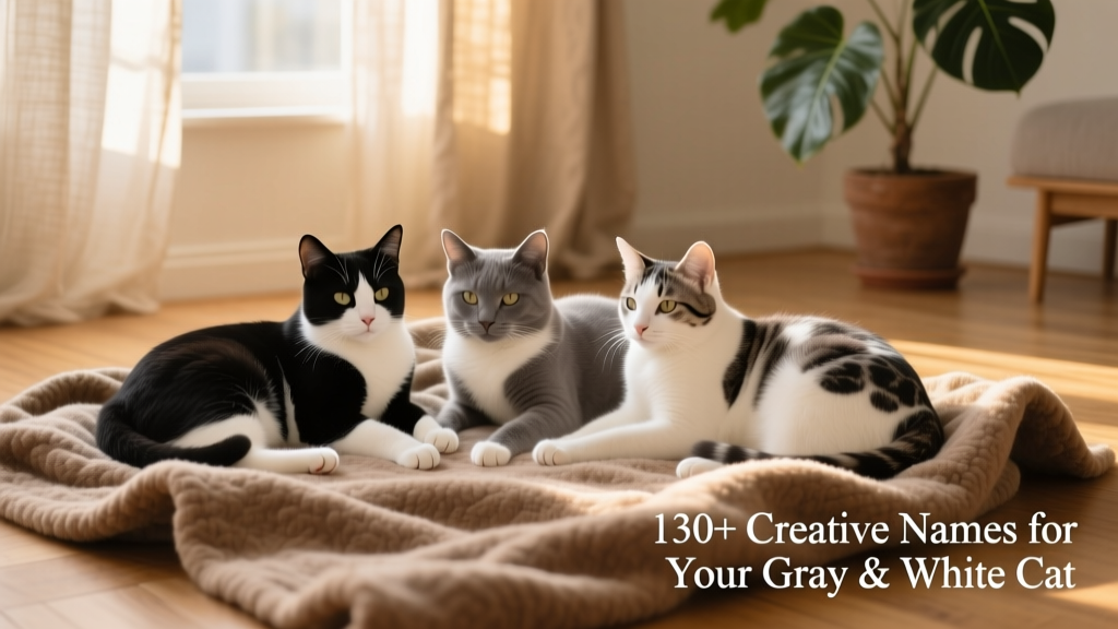 Three gray and white cats lounging together on a cozy blanket, each with subtly different patterns — tuxedo, mitted, and harlequin