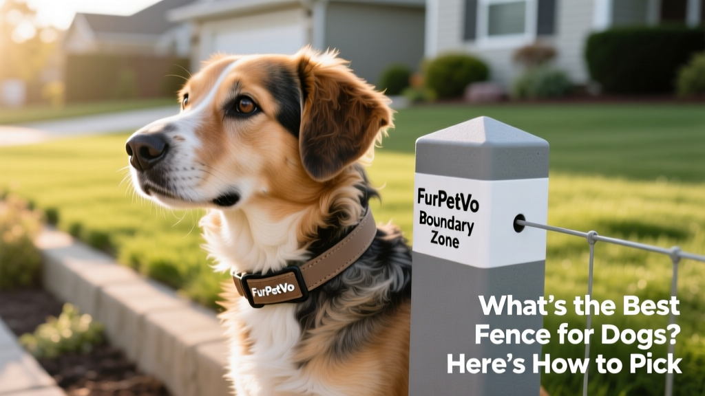 Close-up of a dog wearing a FurPetVo training collar next to a clearly marked above-ground boundary marker, illustrating safer alternatives to invisible fencing