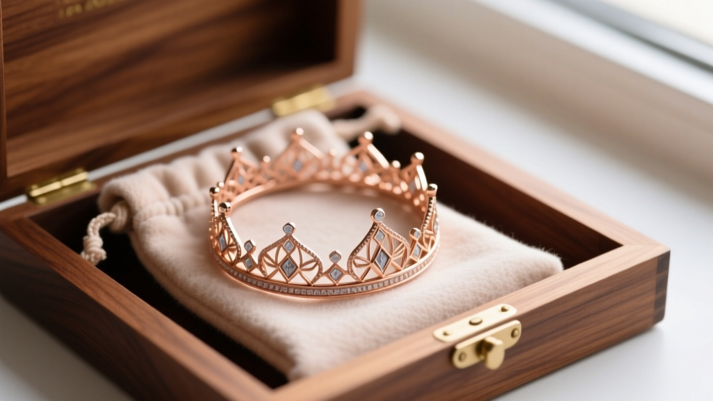 Rose gold crown necklace neatly coiled inside a treated anti-tarnish flannel pouch, resting in a cedar-lined wooden jewelry box.