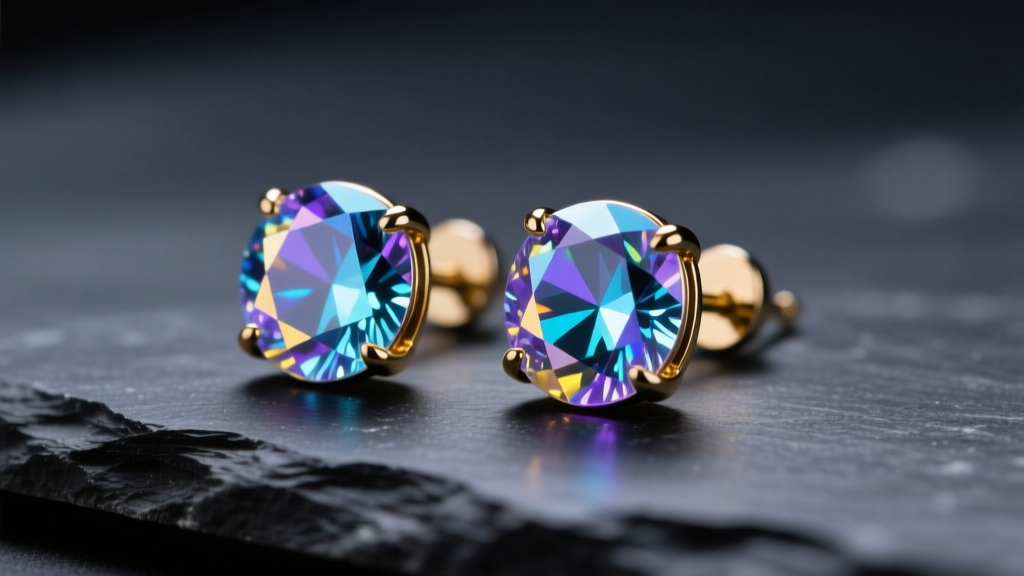 Macro shot of mystic topaz stud earrings on dark slate, lit by soft studio light to highlight the iridescent titanium coating.