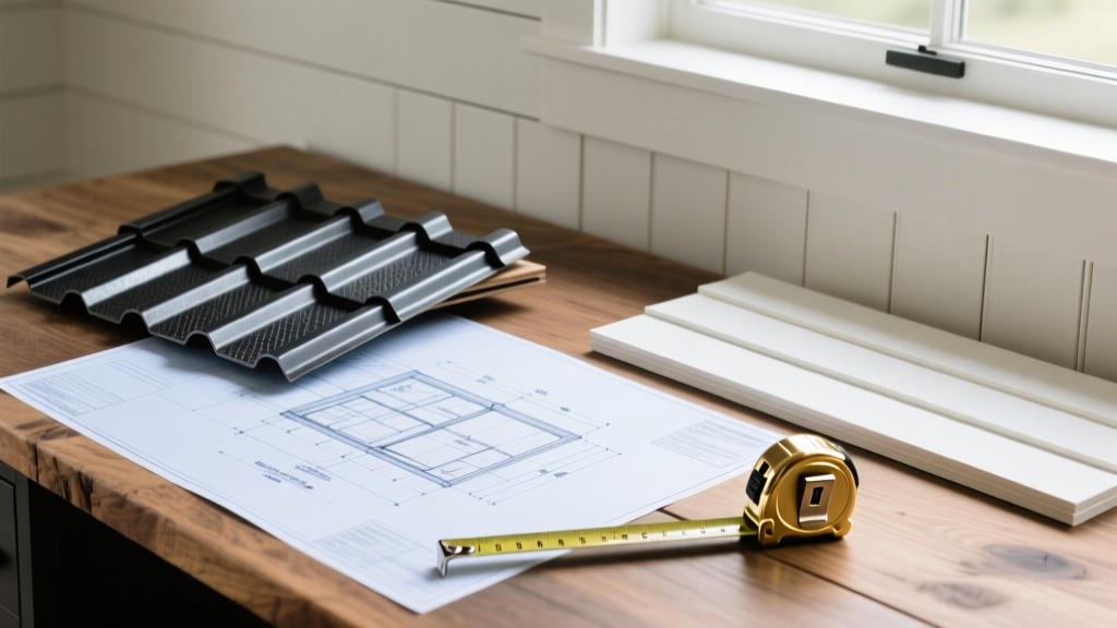 Modern farmhouse blueprints on a wooden desk beside black metal roofing samples, white shiplap siding, and a brass tape measure.