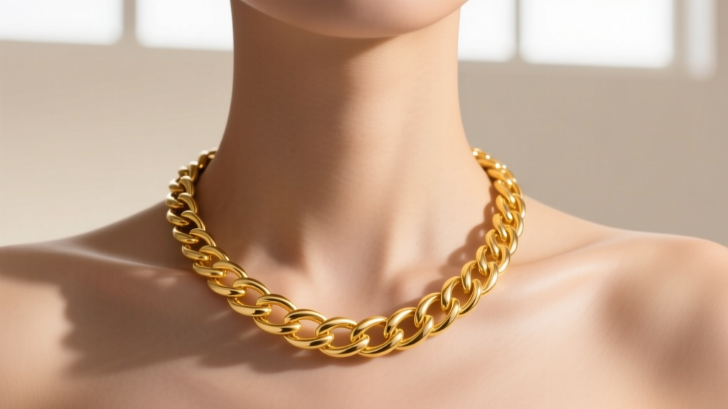 A fluid 18k yellow gold herringbone necklace draping like liquid metal against a collarbone in warm, elegant studio lighting.