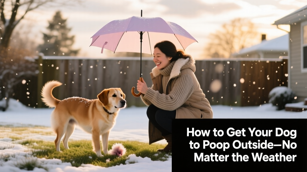 A dog owner holding an umbrella over their dog during a light snowfall while the dog comfortably eliminates on a cleared patch of grass