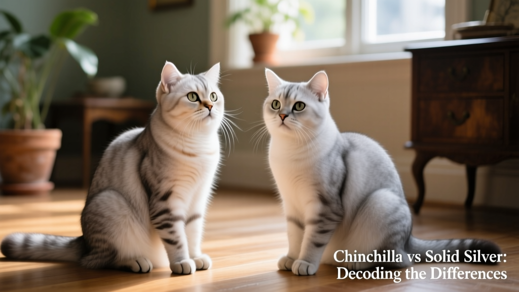 Side-by-side comparison showing the subtle tip-coloring of a Chinchilla British Shorthair versus a solid silver British Shorthair