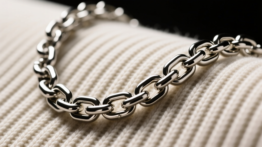 Macro shot of a steel snake chain draped over ribbed knit fabric, highlighting the smooth frictionless metal surface links