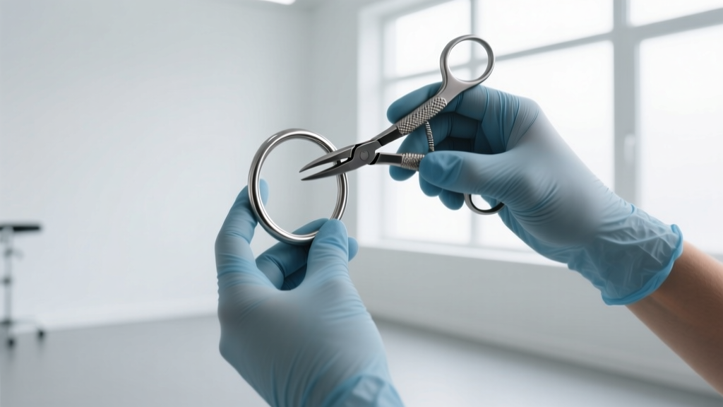 Professional piercer in nitrile gloves using sterilized hemostats to adjust a seamless titanium hoop in a bright, clean studio.