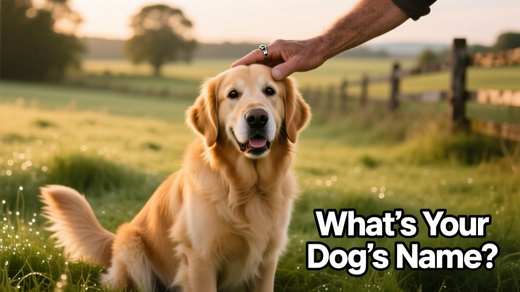 happy dog sitting on grass being stroked by a human hand