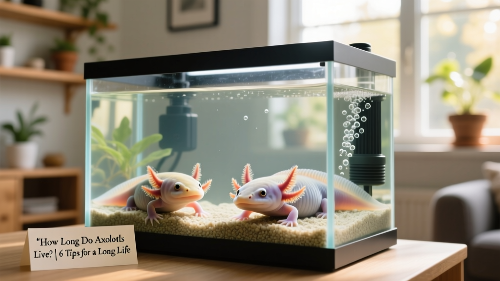 A well-maintained axolotl tank with clear water, smooth substrate, and gentle filtration setup