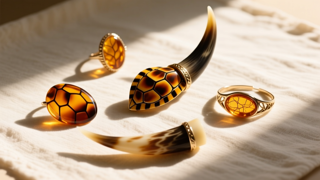 Flat lay of ethical amber and horn jewelry mimicking tortoiseshell patterns on a linen cloth, warm sunlight, macro photography