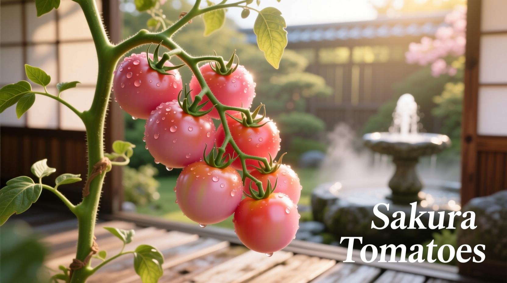 Ripe sakura tomatoes on vine with pink gradient