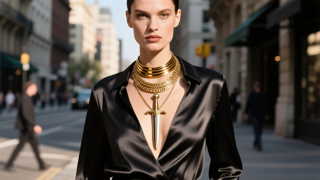 Fashion model wearing a layered brass sword pendant necklace over a deep V-neck silk blouse, sharp editorial street style