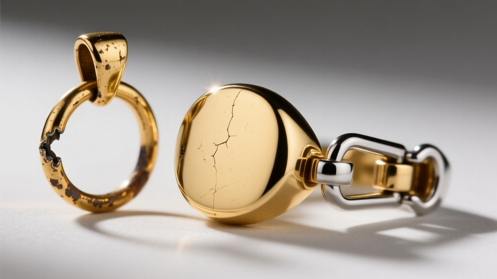 Macro shot of a gold signet pendant showing a worn unsoldered jump ring gap next to a pristine laser-welded steel lobster clasp.
