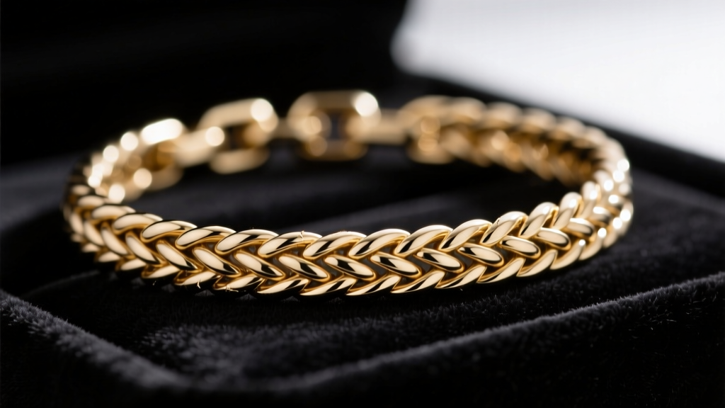 Macro shot of 14k white gold rope and herringbone chains on dark velvet, highlighting weave tightness and fabric snag potential