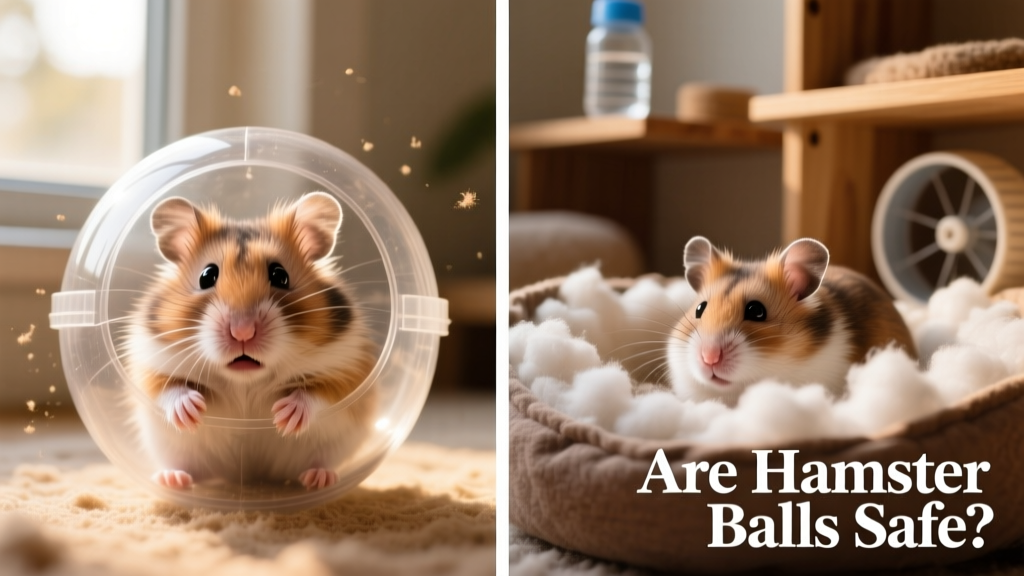 Side-by-side comparison: a stressed hamster inside a plastic ball versus a calm hamster burrowing in deep bedding