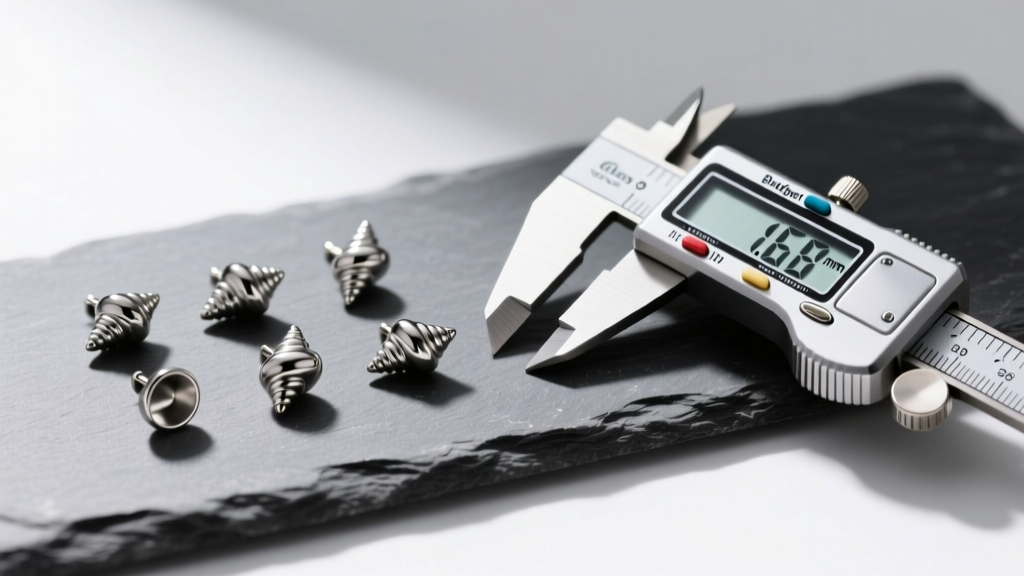 Flat lay of budget titanium conch studs on slate beside a digital caliper measuring fourteen gauge thickness for cartilage piercings