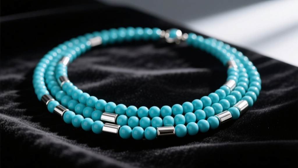 Close-up of a five-strand turquoise necklace with 6mm beads and sterling silver spacer tubes resting on dark velvet display.
