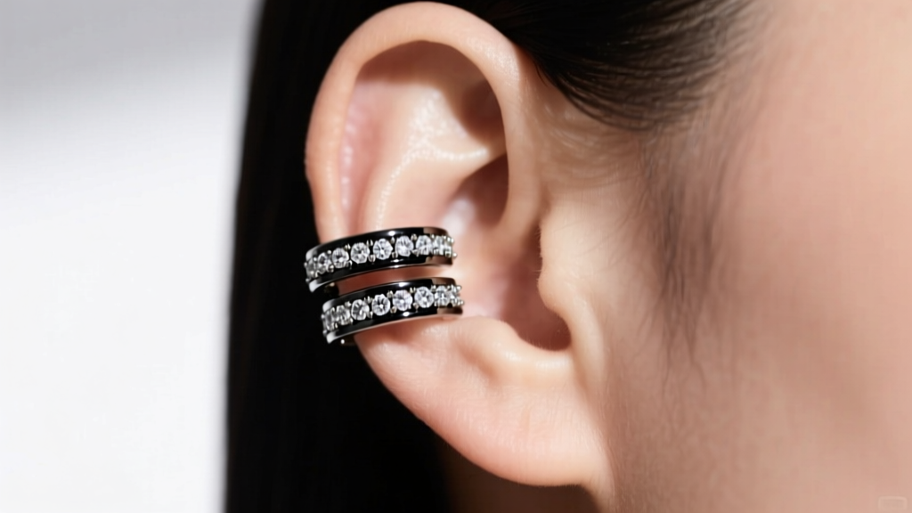 Profile of an ear featuring two stacked black rhodium huggie earrings with micro pave diamonds placed on the upper ear cartilage