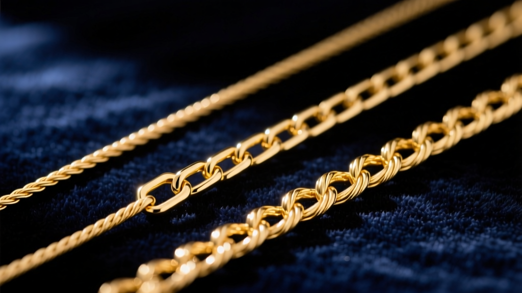 Macro comparison of 14k gold chains: a 1mm cable, 1.2mm box, and 1.5mm rope chain, laid side-by-side on dark navy velvet