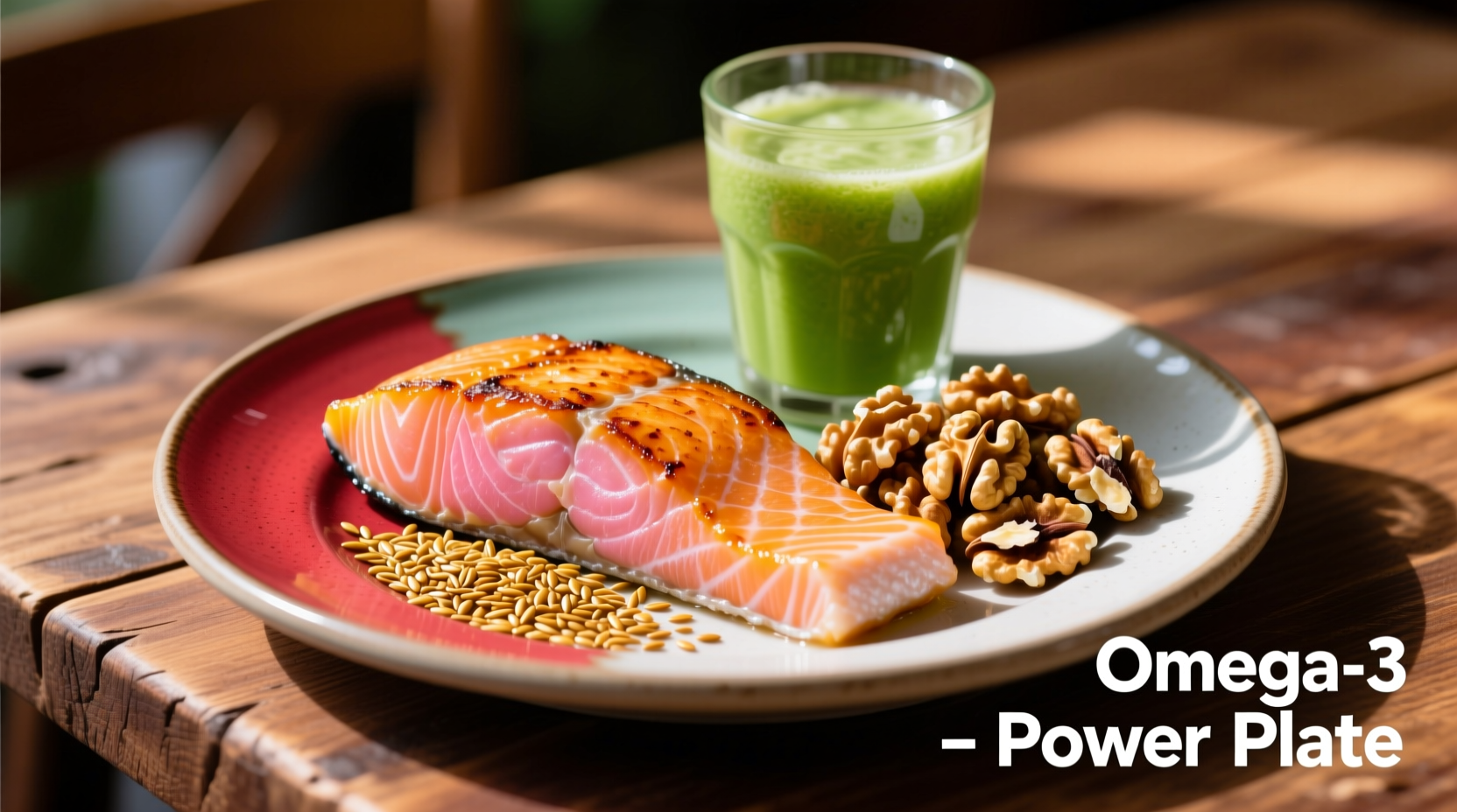 Colorful plate of omega-3 rich foods including salmon, walnuts and flaxseeds
