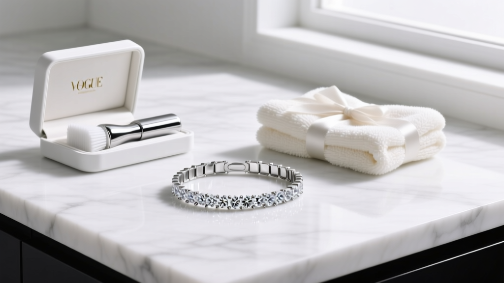 Flat-lay gift scene with a cleaning kit, microfiber cloth, and a lab-grown diamond tennis bracelet on a white marble countertop.