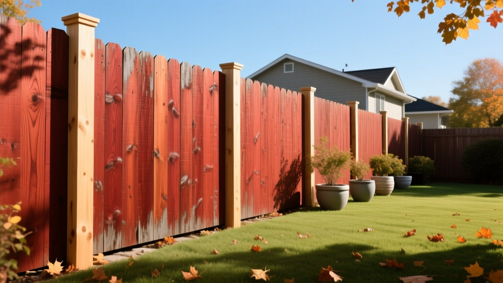 Weathered red cedar fence panels with horizontal grain contrasting against new pressure-treated pine posts in a bright suburban backyard setting