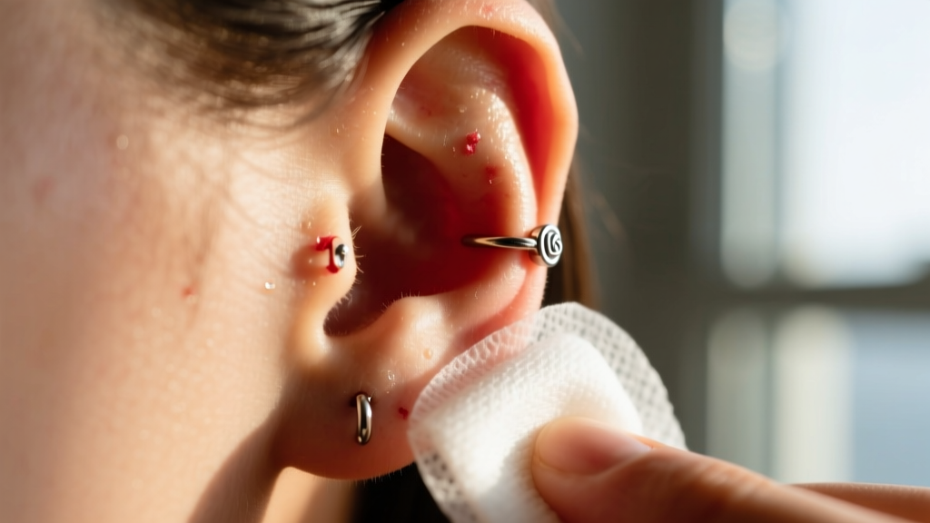 Extreme close-up of a healing 16-gauge earlobe piercing with minor crusting, showing gentle cleaning with a sterile gauze pad.