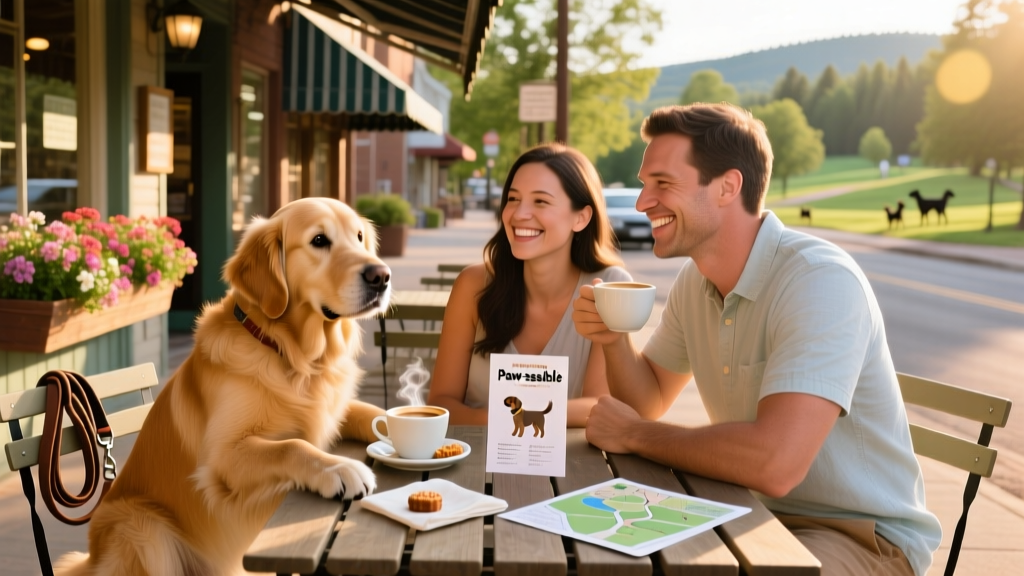 Two pet parents and a Golden Retriever relaxing at an outdoor cafe table with coffee and treats