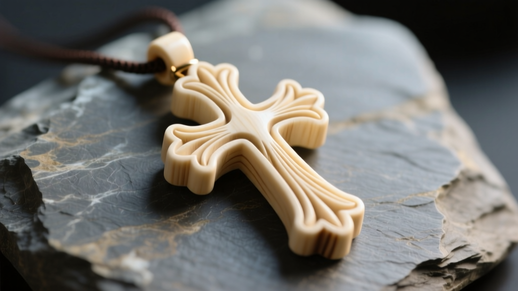 Macro shot of a carved mammoth ivory cross pendant on slate, showing natural Schreger lines and a warm cream patina.