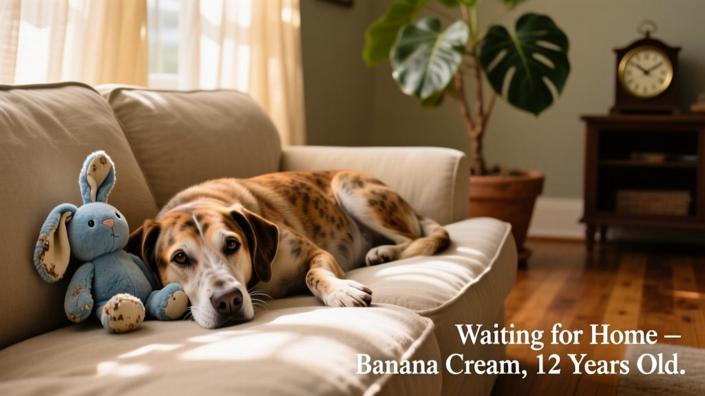 Banana Cream, a gentle brindle senior dog, resting peacefully on a sunlit couch with his favorite stuffed toy nearby