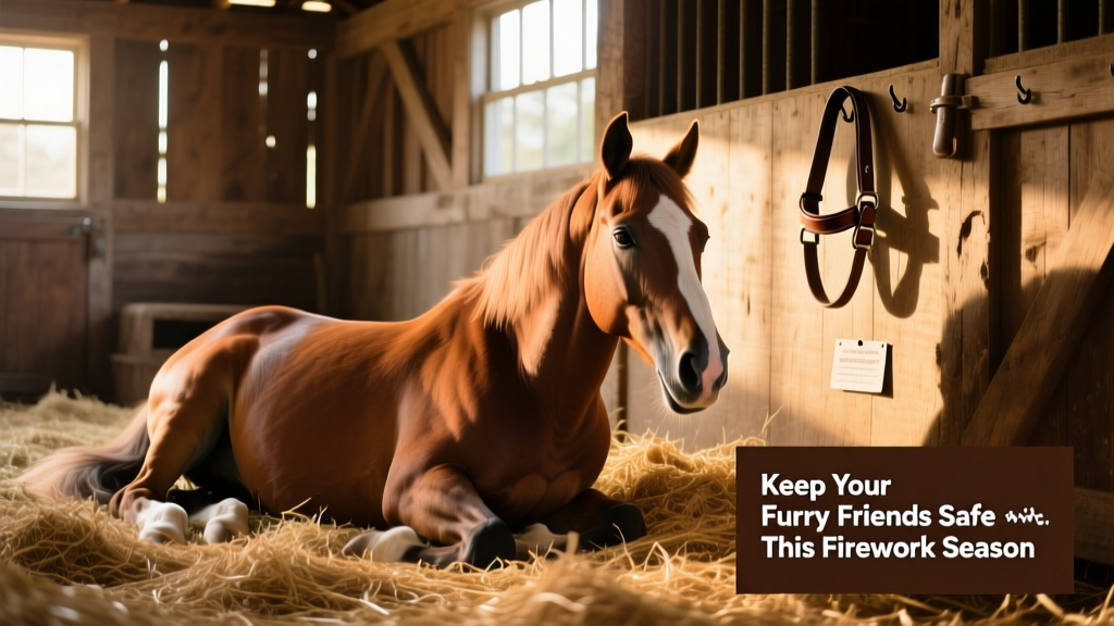 Horse calmly resting in a well-lit, secure stable with soft bedding