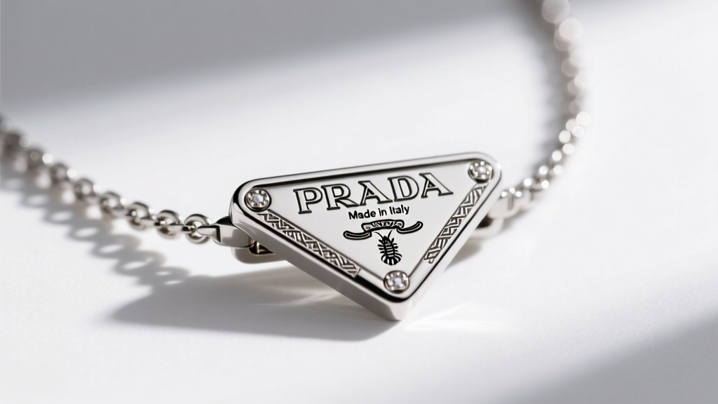 Extreme close-up of a Prada necklace lobster clasp showing the precise laser-engraved PRADA and Made in Italy hallmarks