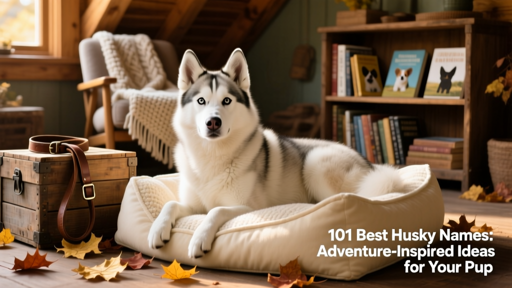 A Siberian husky lounging confidently on a cozy dog bed, gazing directly at the camera with bright, intelligent eyes
