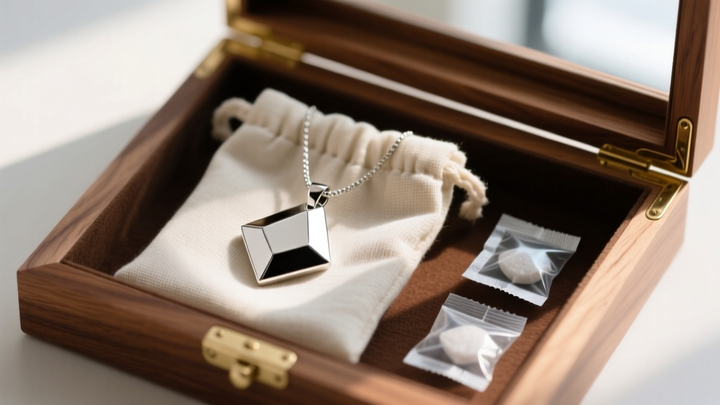 Anti-tarnish cloth pouch holding a modernist silver pendant, inside a cedar-lined jewelry box next to small silica gel packets