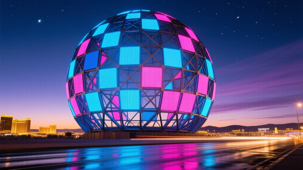 Massive spherical steel framework wrapped in glowing LED exosphere panels towering over the Las Vegas strip at twilight