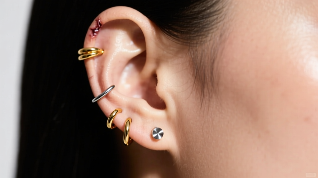 Side profile of a healed ear curating 14k gold cartilage hoops and a titanium stud, showcasing perfect anatomical placement