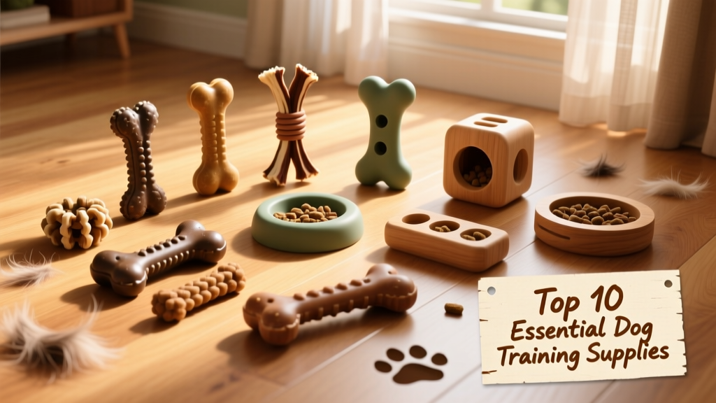 A variety of durable chew toys and treat-dispensing puzzles arranged on a clean hardwood floor