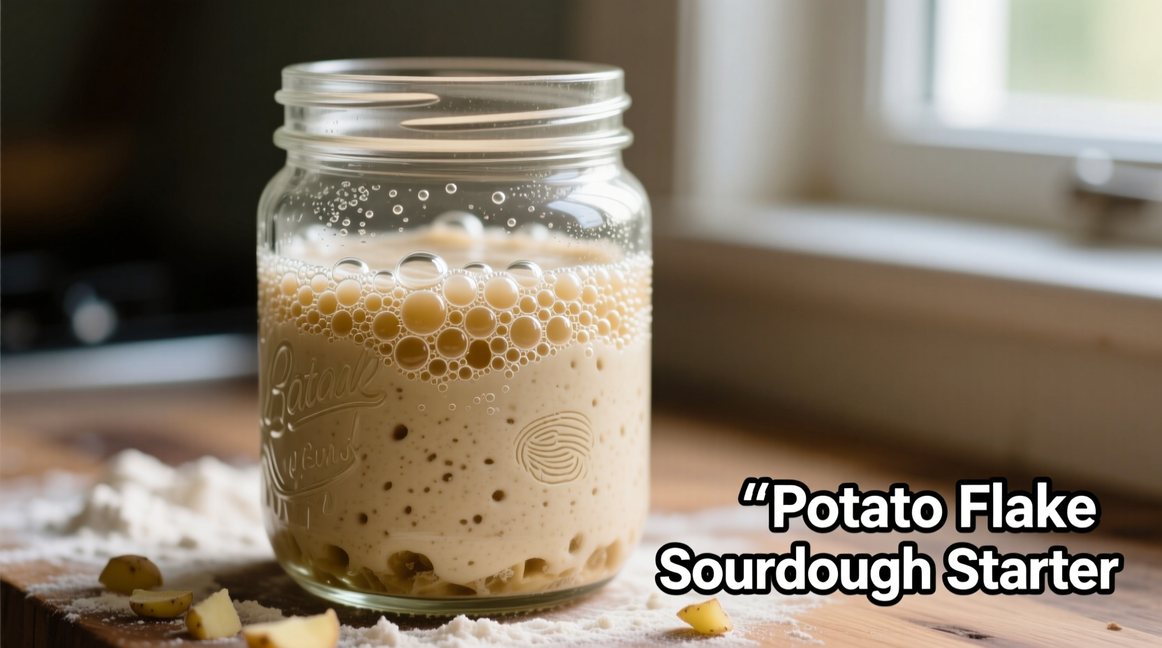Potato flake sourdough starter bubbling in glass jar