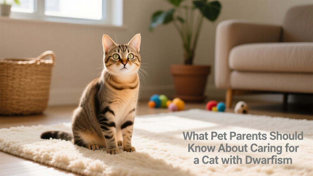 A friendly, small-framed cat with short legs sitting calmly on a soft rug, looking alert and healthy