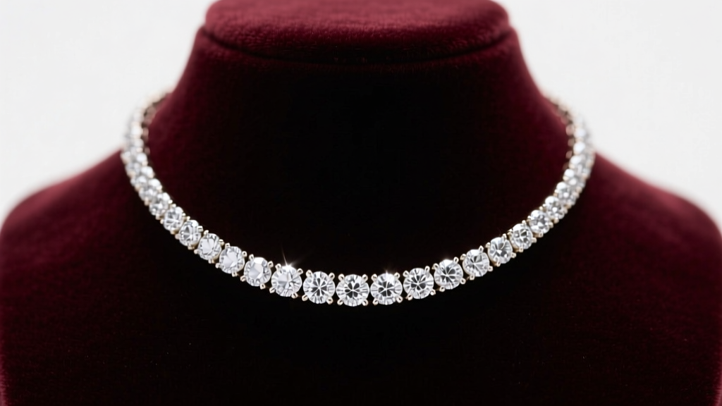 14k white gold diamond eternity necklace on a dark velvet bust, showcasing brilliant round diamonds under soft studio lighting