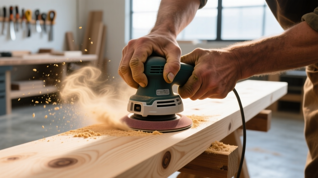 Close-up of a woodworker hands using an orbital sander with stearated aluminum oxide sandpaper on raw pine, fine dust visible in bright workshop lighting
