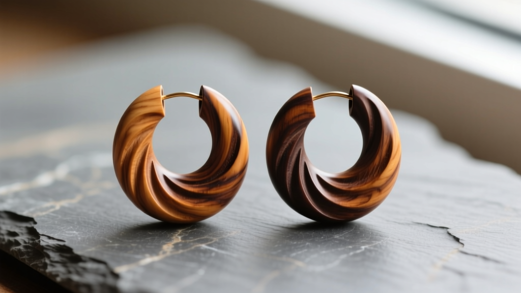 Macro view of carved walnut wood hoop earrings on slate, showing natural wood grain and a smooth, highly polished organic surface.