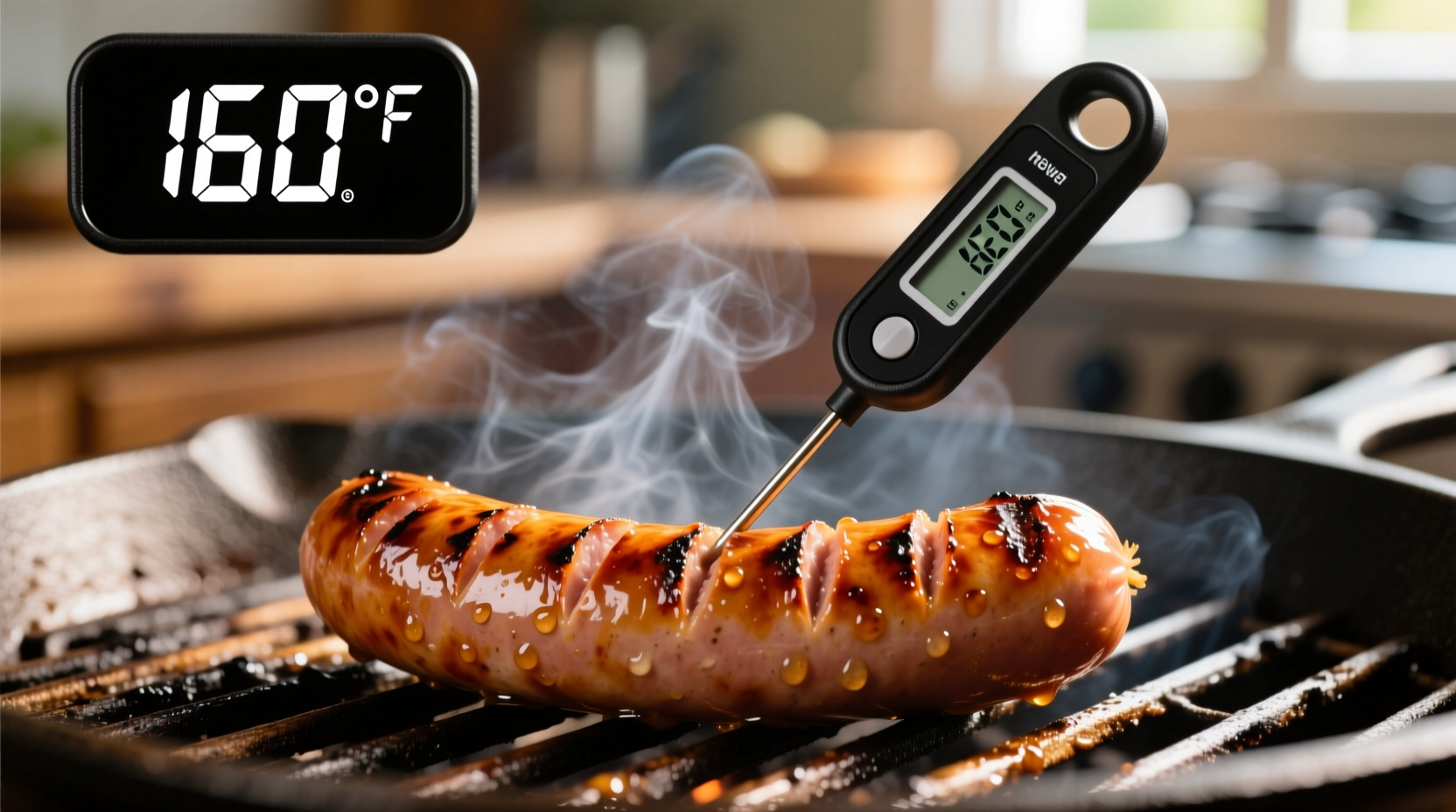Bratwurst on grill with thermometer showing 160 degrees